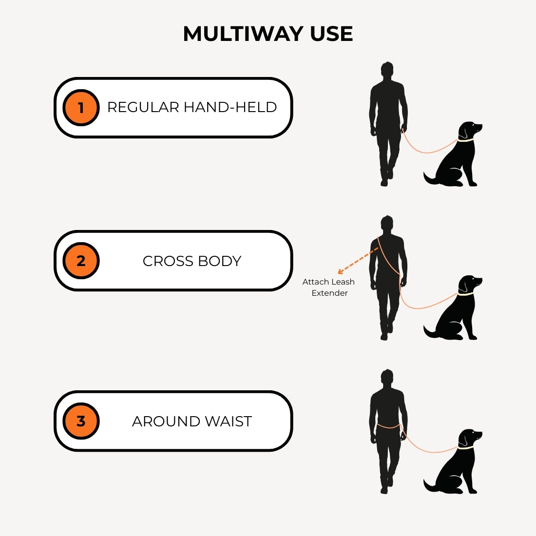 Diagram showing different uses of a leash for dog walking.