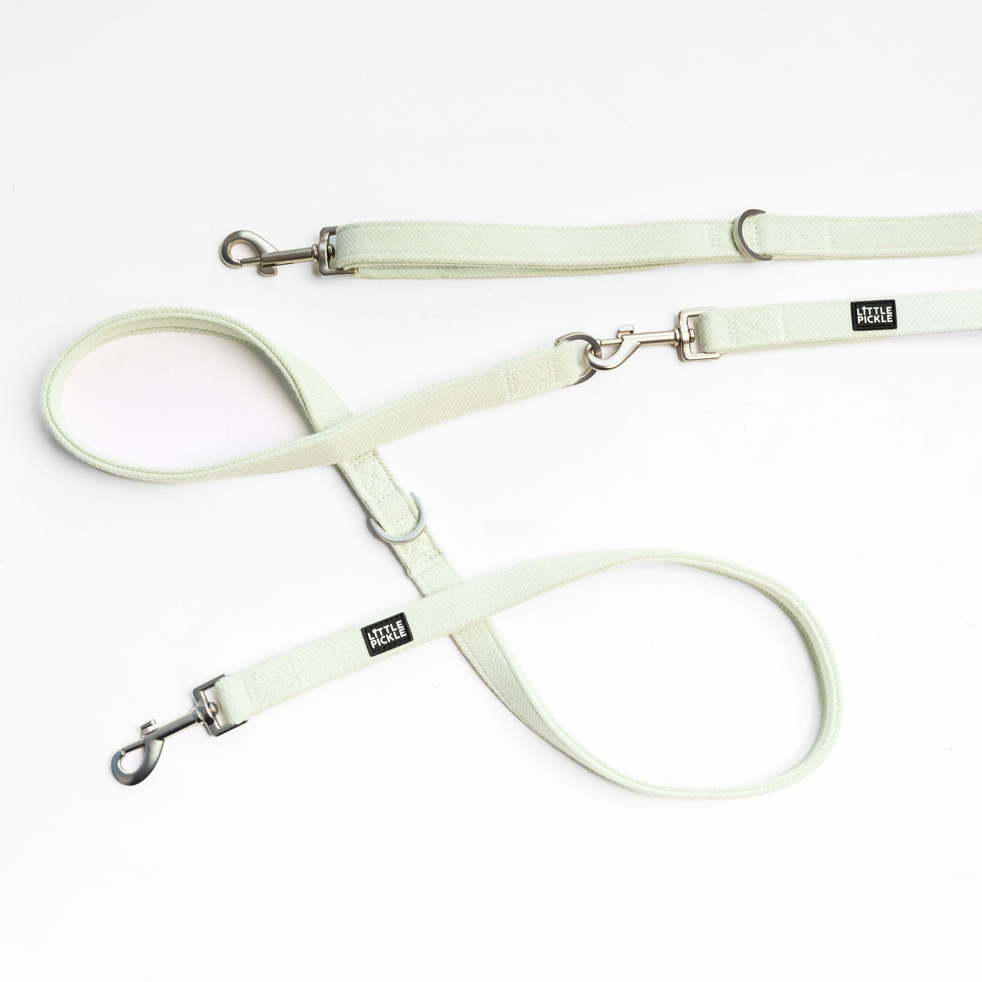 Hands-Free Leash (Dual-Hook Leash + Extender) in Mint Green Herringbone - Little Pickle