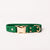 A green dog collar with a gold-tone metal buckle, D-ring, and rivets, displayed on a clean white background.