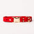 A red dog collar with a polished gold-tone metal buckle, adjustment holes, and a D-ring, shown on a clean off-white background.