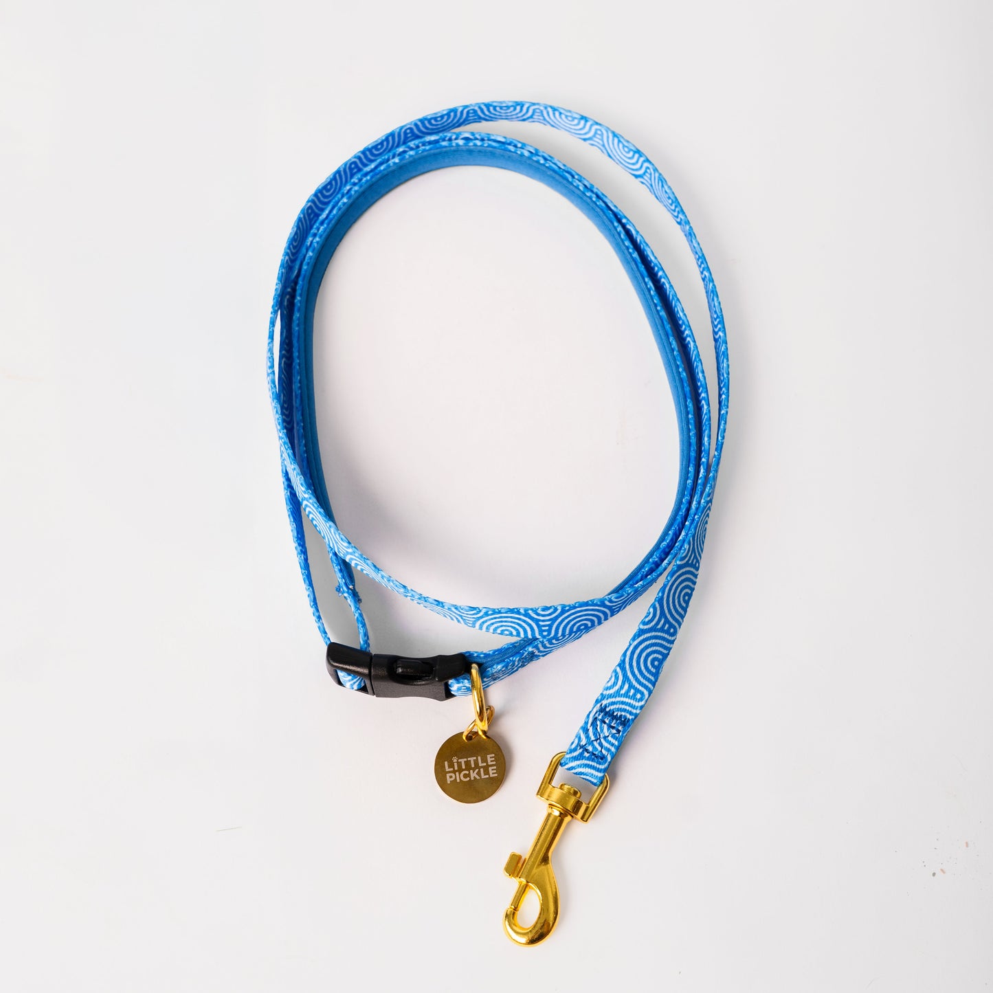 blue cat leash with gold hardware
