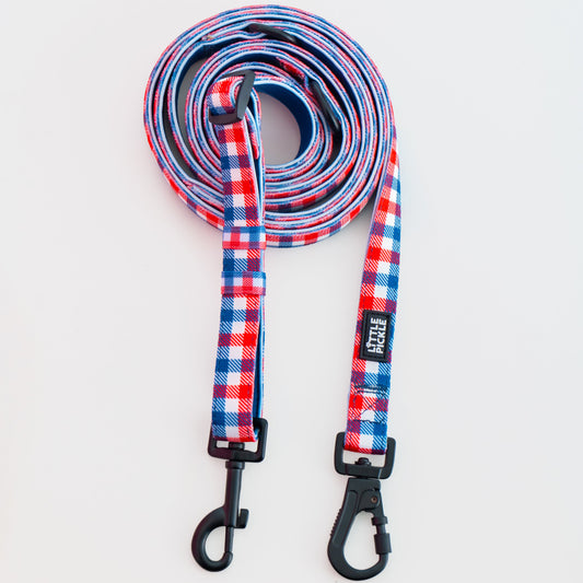 A coiled dog leash with a red, white, and blue gingham pattern, featuring black metal swivel clamps on a plain white background.