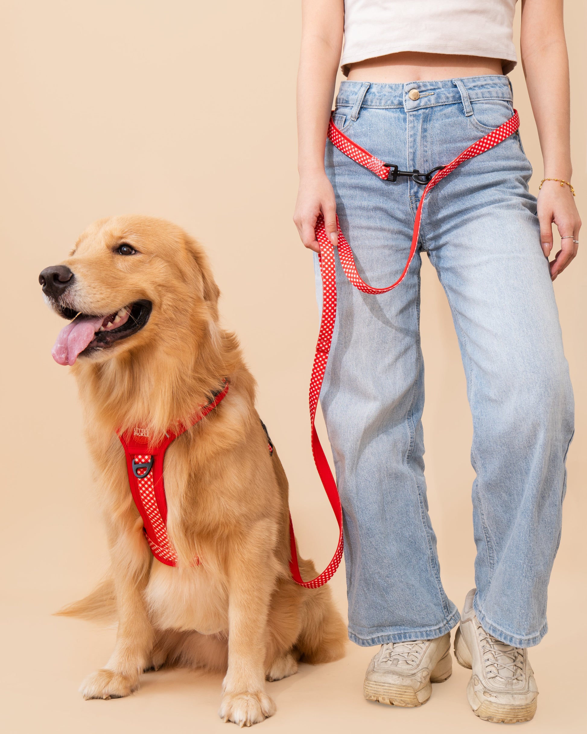 A golden retriever dog wearing a red harness sits next to a person wearing light-wash blue jeans and a white crop top, holding the red leash. The background is a solid light beige studio backdrop.