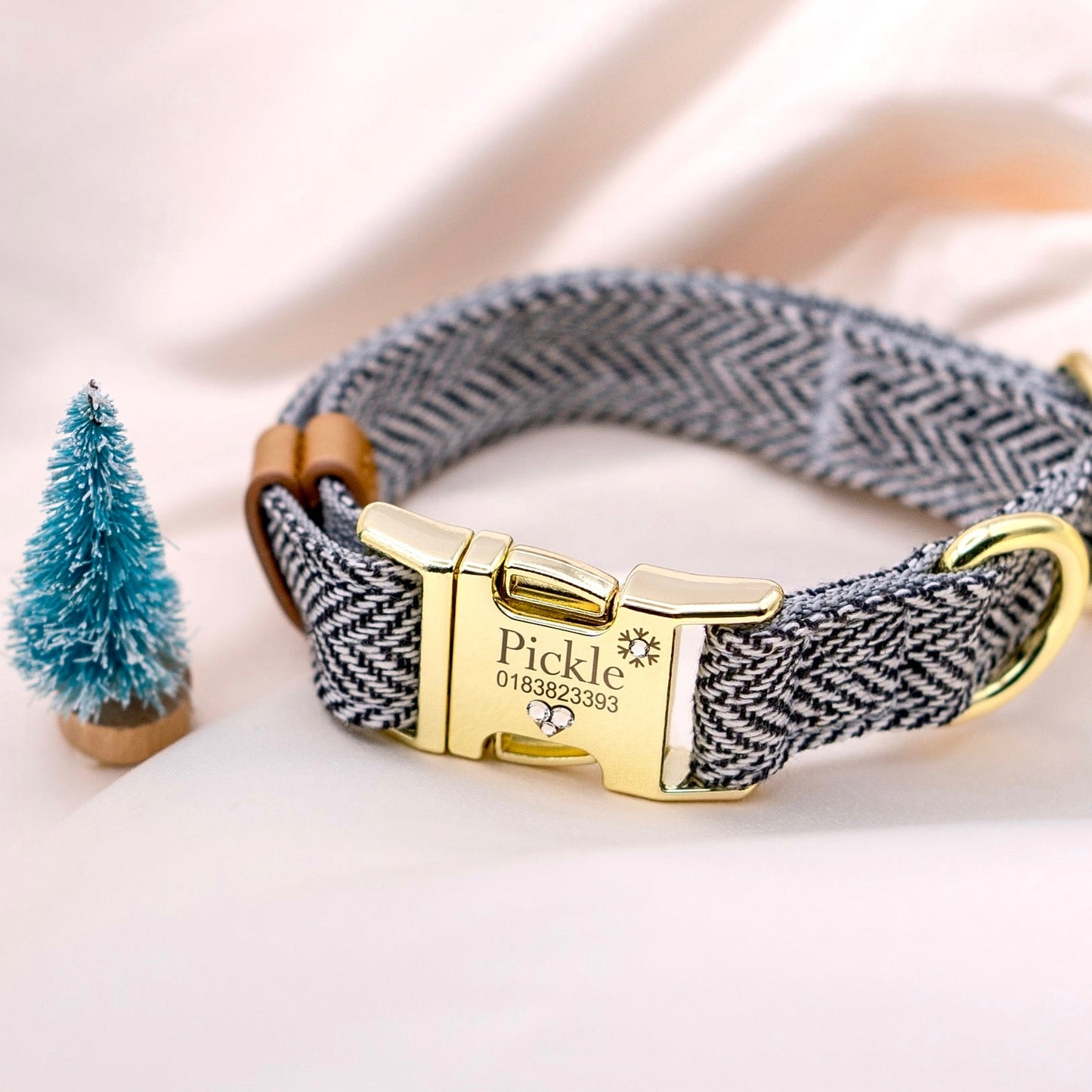 Black & white herringbone tweed collar with snowflake and heart shaped crystal beads