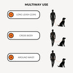 Diagram showing different uses of a dog leash with illustrations of a person and a dog.